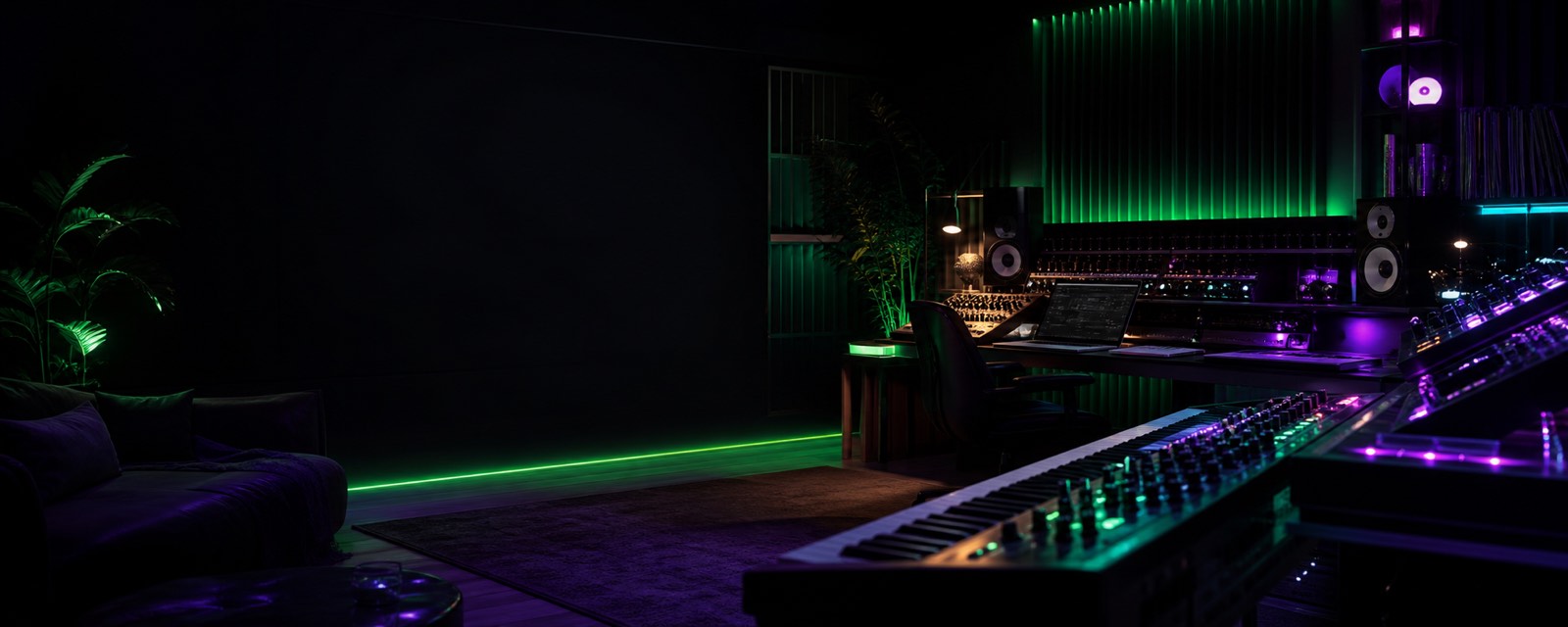 Dark music studio with neon green, violet, and cyan lights.